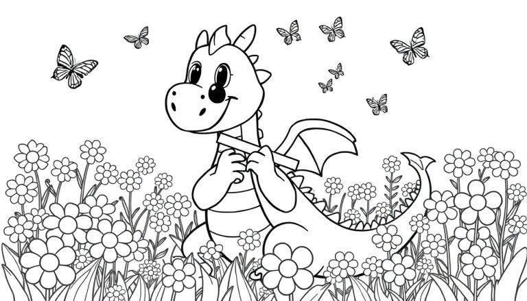 Ein niedlicher Cartoon-Drache sitzt in einem Blumenfeld mit Schmetterlingen, eine Schwarz-Weiß-Farbtafel zum Ausmalen.