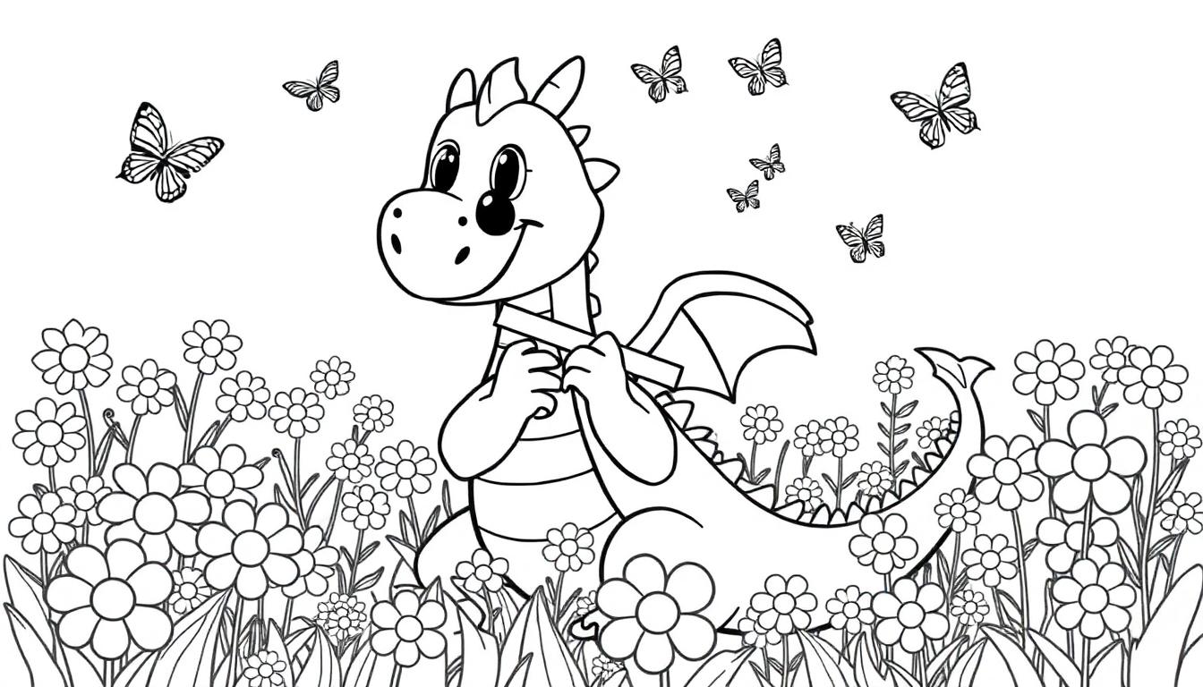 Ein niedlicher Cartoon-Drache sitzt in einem Blumenfeld mit Schmetterlingen, eine Schwarz-Weiß-Farbtafel zum Ausmalen.