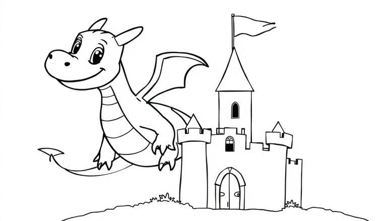Eine freundliche schwarz-weiße Drachen-Farbtafel schwebt vor einem Märchenschloss.