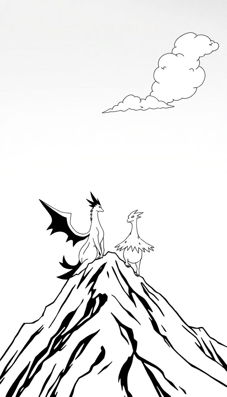 Zwei Drachen auf einem zerklüfteten Berggipfel unter einer Wolke.
