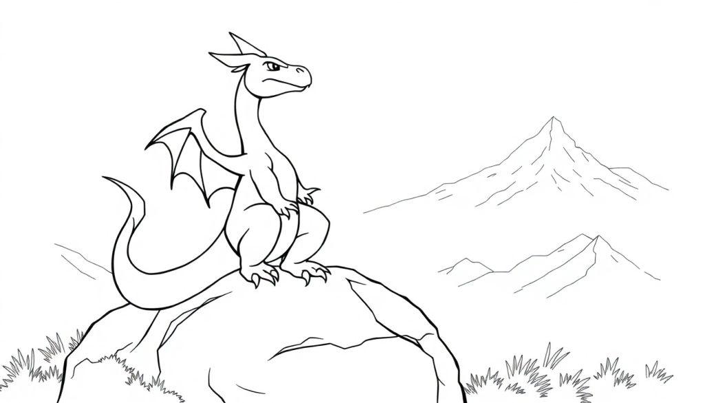 Ein Cartoon-Drache auf einem Felsen mit Blick auf eine hügelige Landschaft.