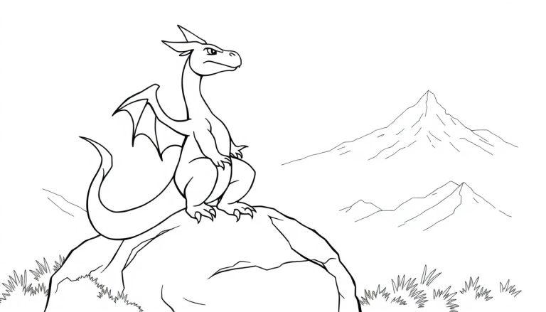 Ein Cartoon-Drache auf einem Felsen mit Blick auf eine hügelige Landschaft.