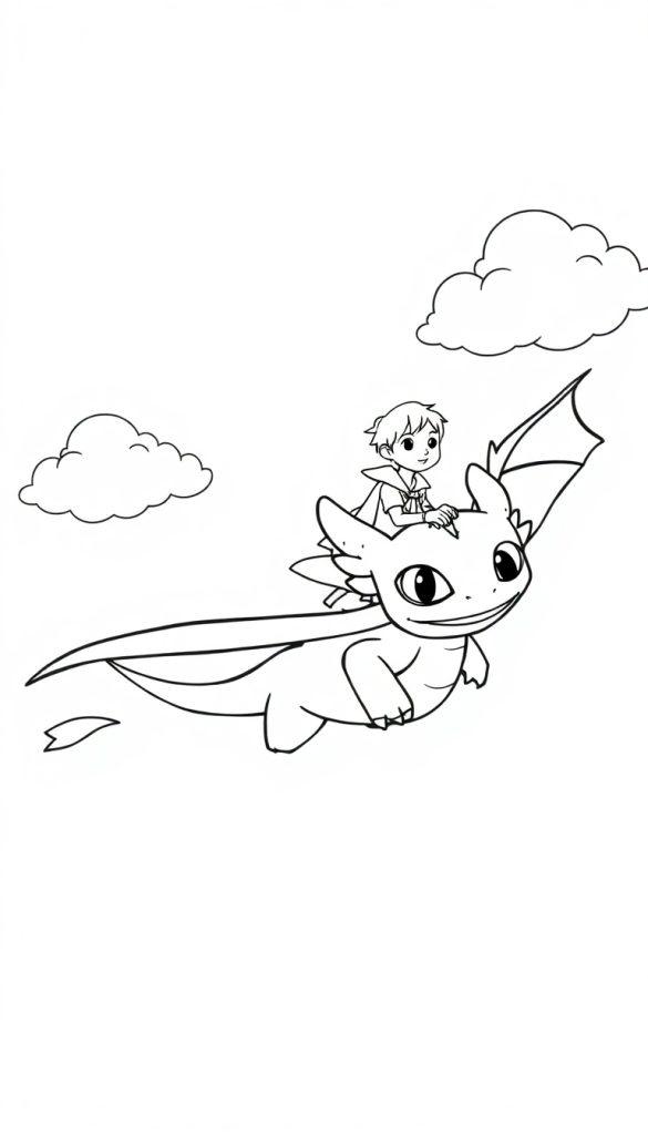 Schwarz-Weiß-Zeichnung eines Jungen, der auf einem Drachen durch den Himmel fliegt.
