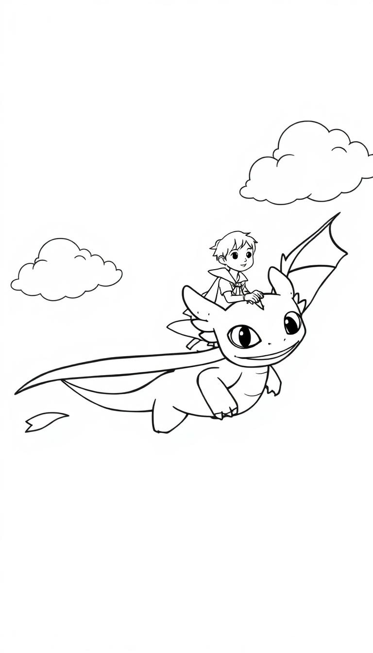 Schwarz-Weiß-Zeichnung eines Jungen, der auf einem Drachen durch den Himmel fliegt.