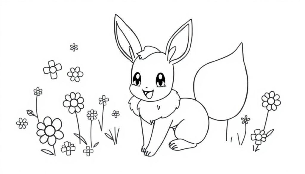 Schwarz-Weiß-Zeichnung eines fröhlichen Eevee inmitten von Blumen.