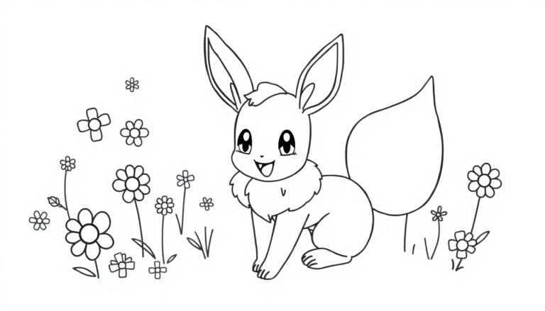 Schwarz-Weiß-Zeichnung eines fröhlichen Eevee inmitten von Blumen.