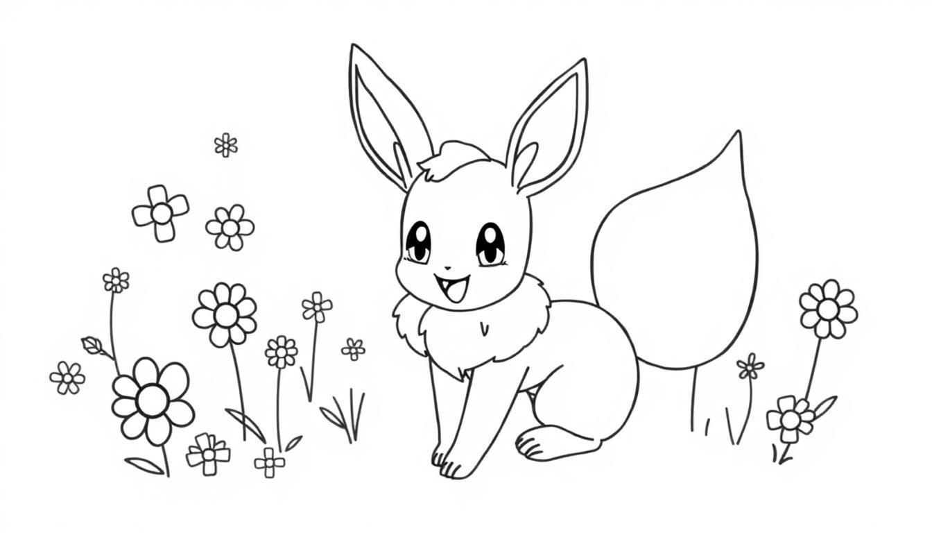 Schwarz-Weiß-Zeichnung eines fröhlichen Eevee inmitten von Blumen.