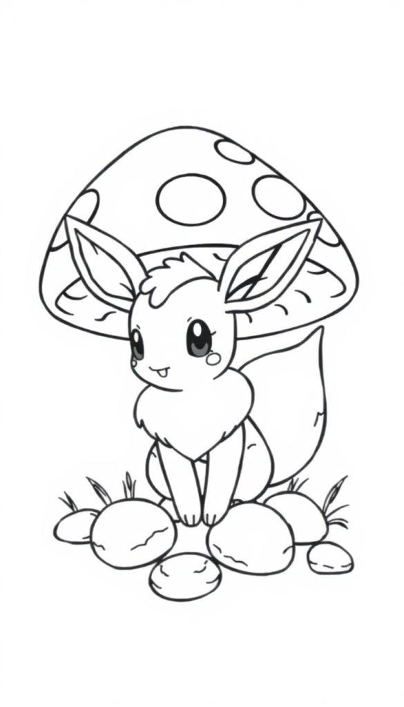 Zeichentrickfigur Eevee sitzt unter einem großen gepunkteten Pilz auf Kieselsteinen.