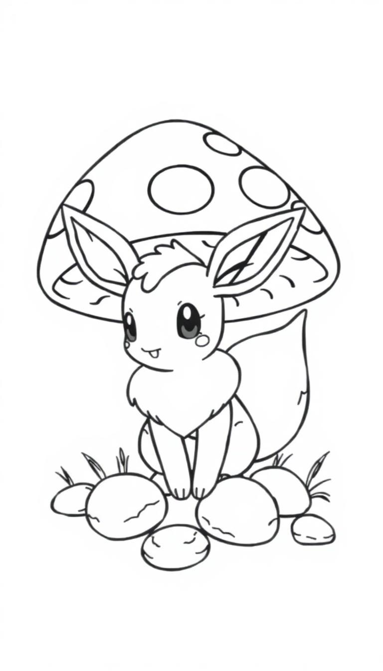 Zeichentrickfigur Eevee sitzt unter einem großen gepunkteten Pilz auf Kieselsteinen.