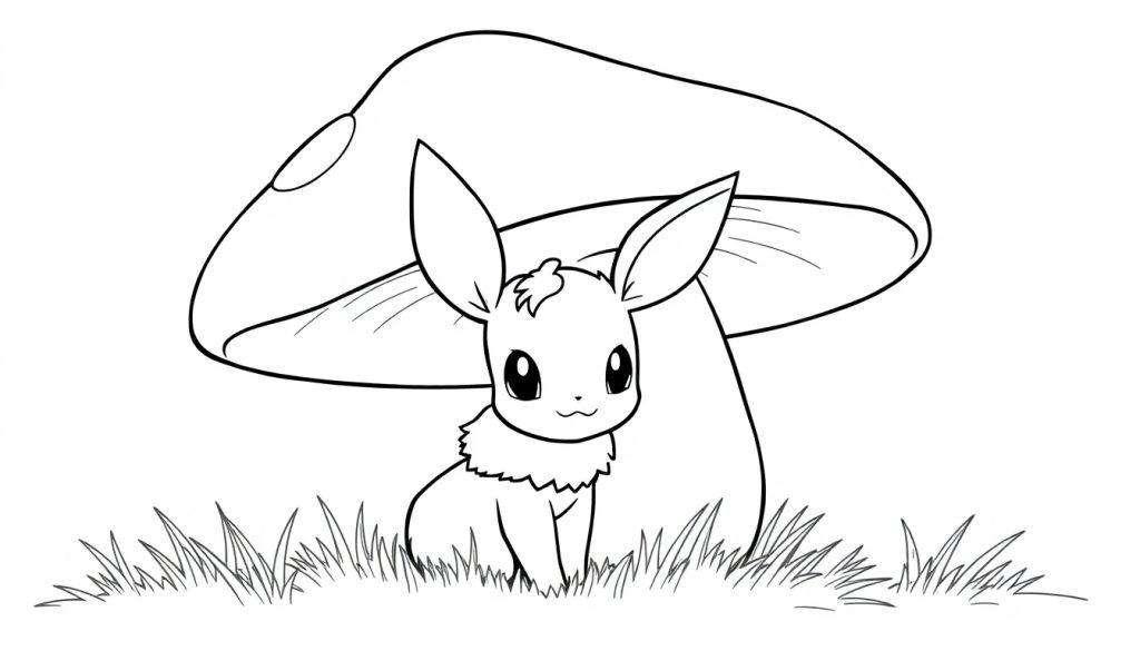 Eevee sitzt unter einem großen Pilz auf einem Feld mit Gräsern.
