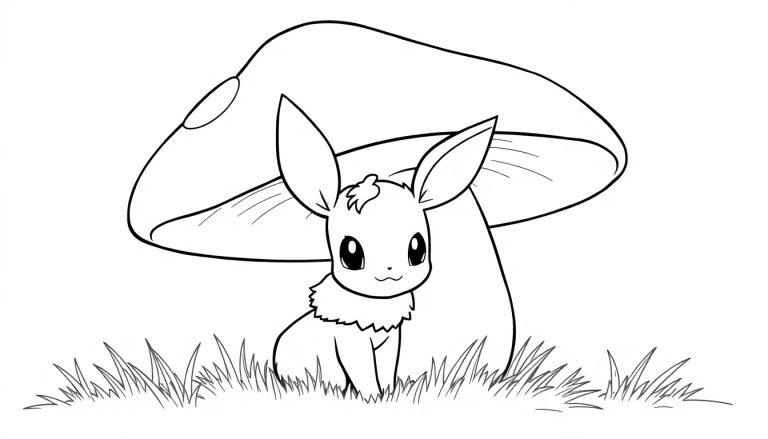 Eevee sitzt unter einem großen Pilz auf einem Feld mit Gräsern.