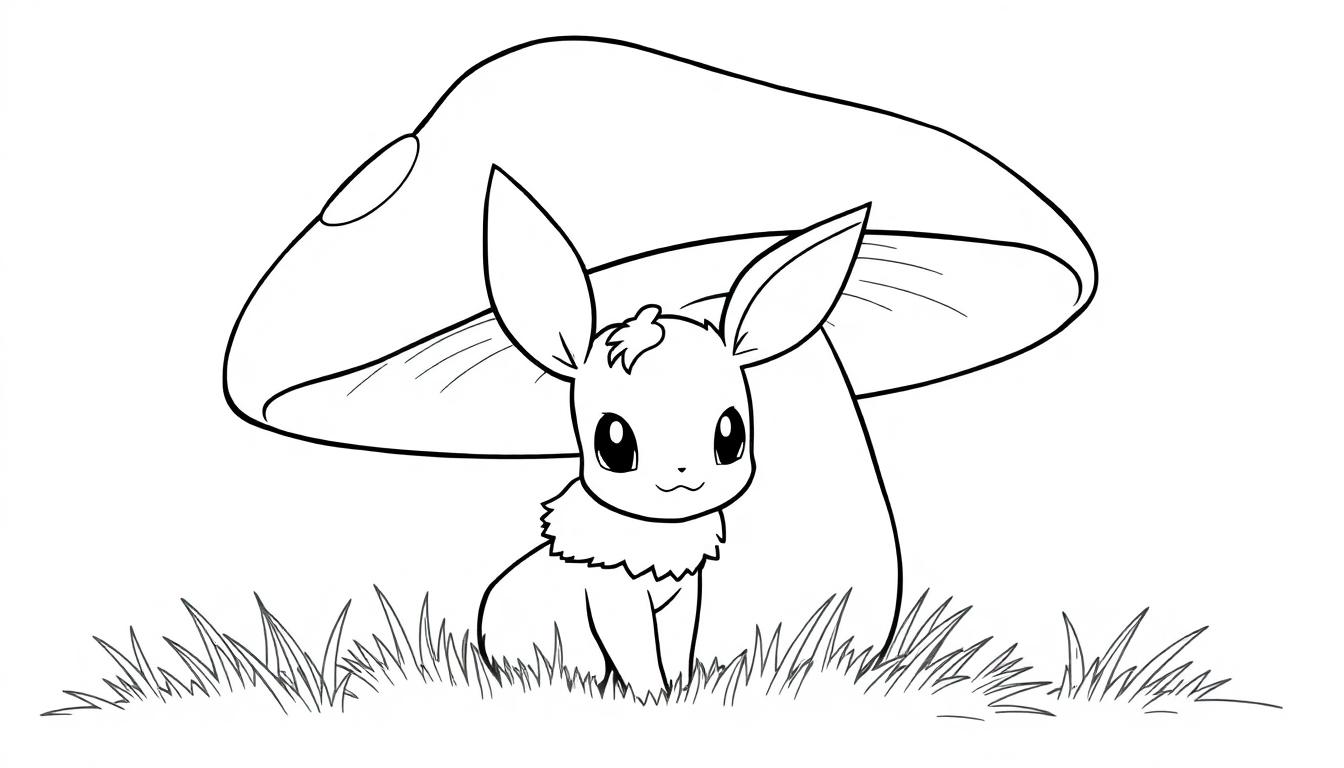 Eevee sitzt unter einem großen Pilz auf einem Feld mit Gräsern.