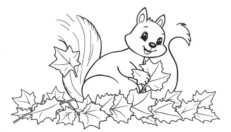 Schwarz-Weiß-Farbtafel eines niedlichen Eichhörnchens, das in Herbstlaub sitzt und ein Blatt hält.