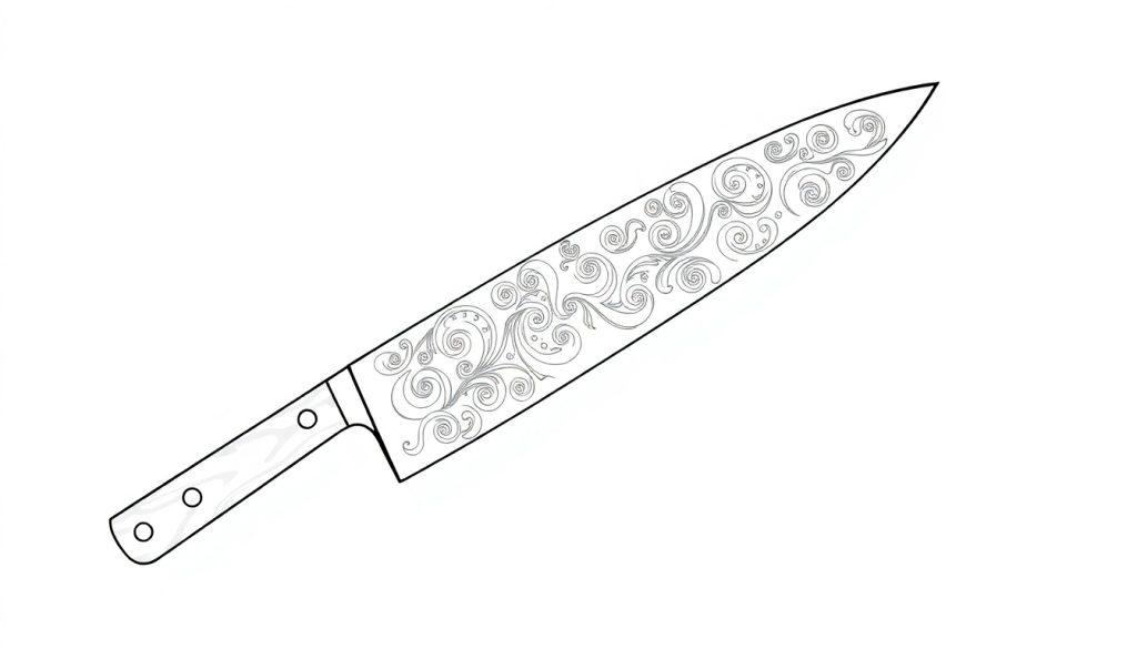 Ein Santoku-Messer mit kunstvollen Mustern.