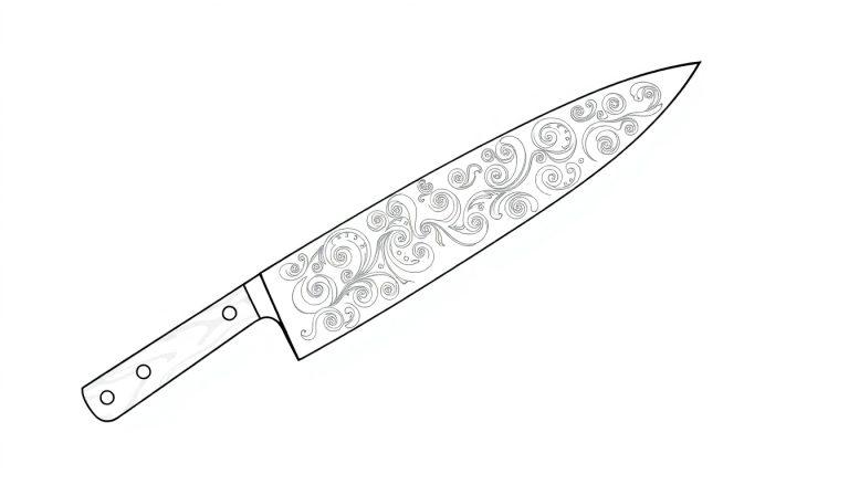 Ein Santoku-Messer mit kunstvollen Mustern.
