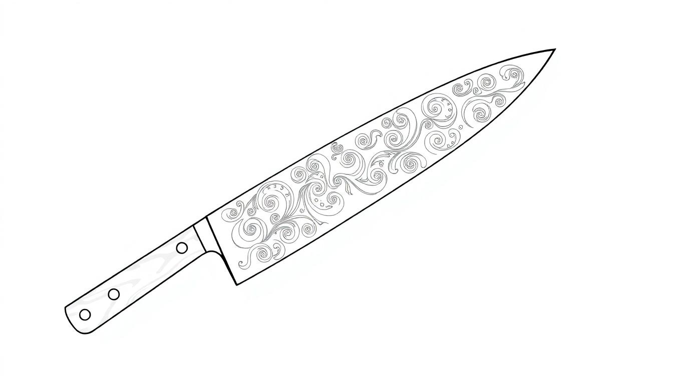 Ein Santoku-Messer mit kunstvollen Mustern.