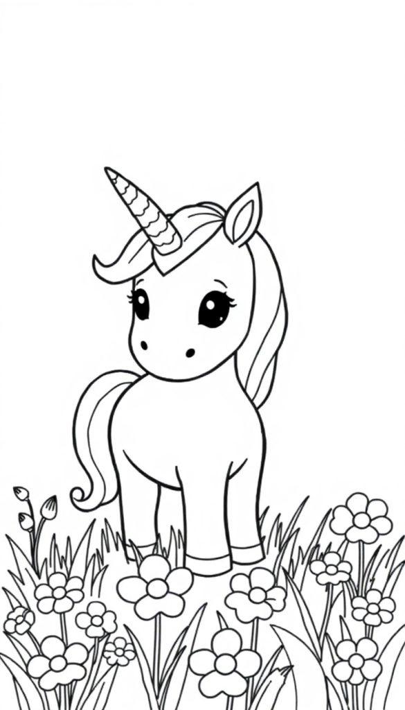Schwarz-Weiß-Illustration eines niedlichen Einhorns auf einer Blumenwiese.