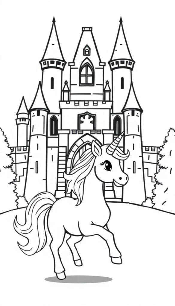 Schwarz-Weiß-Zeichnung eines freundlichen Einhorns vor einem mittelalterlichen Schloss mit Bäumen.