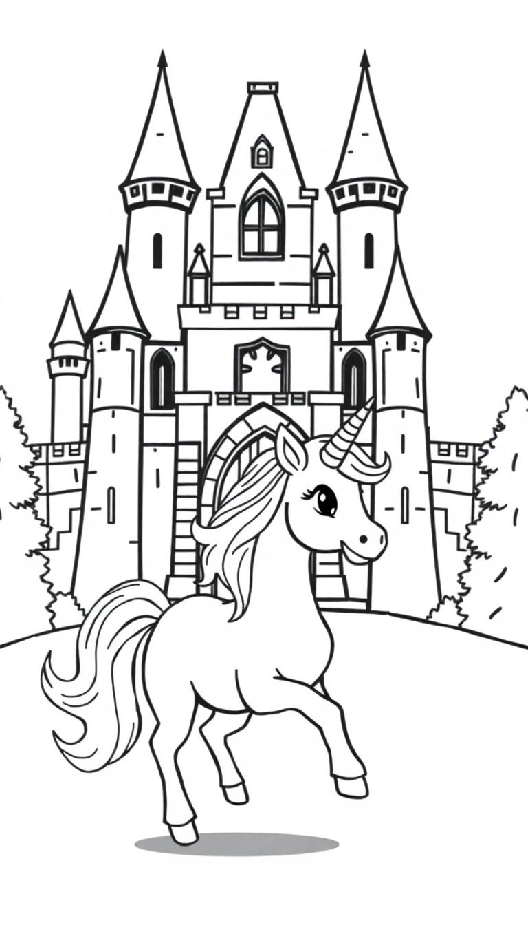 Schwarz-Weiß-Zeichnung eines freundlichen Einhorns vor einem mittelalterlichen Schloss mit Bäumen.