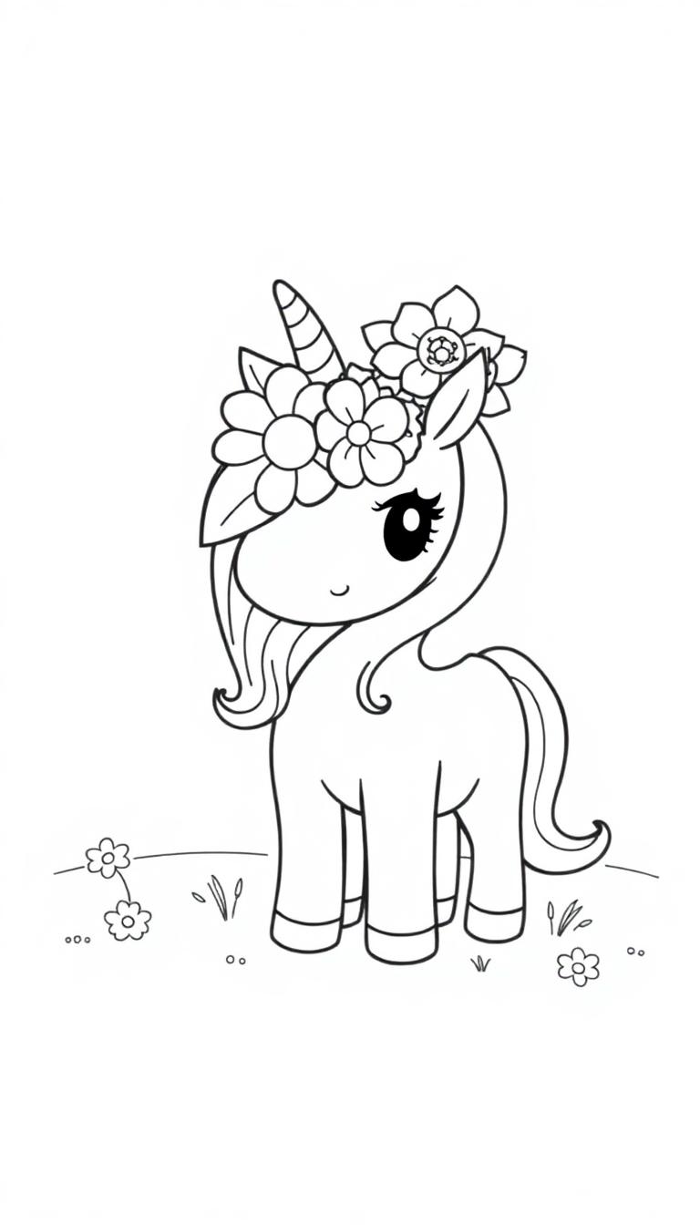 Schwarz-weiß Cartoon-Einhorn mit Blumenkranz, lächelnd auf einer Blumenwiese stehend.