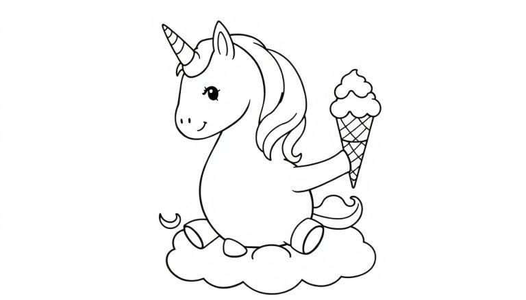 Ein niedliches, pummeliges Einhorn sitzt auf einer Wolke und hält ein Eis. Eine Schwarz-Weiß-Farbtafel.