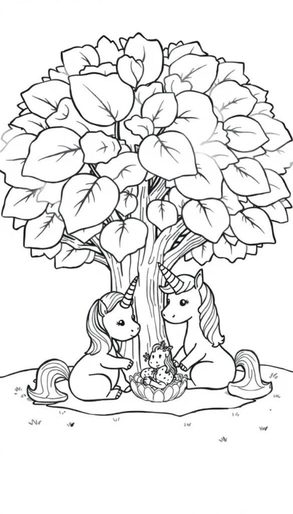 Ein kleines Einhorn sitzt in einem Blumentopf, während zwei erwachsene Einhörner daneben sitzen und es beobachten.