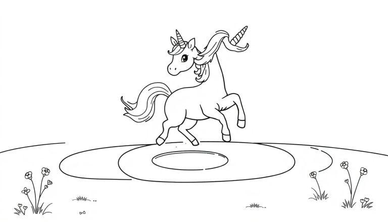 Ein süßes Einhorn auf einer bunten Farbtafel-Plattform.