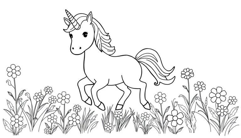 Schwarz-Weiß-Farbtafel eines niedlichen Einhorns mit einem Regenbogen-Schweif, das in einem Blumenfeld steht.