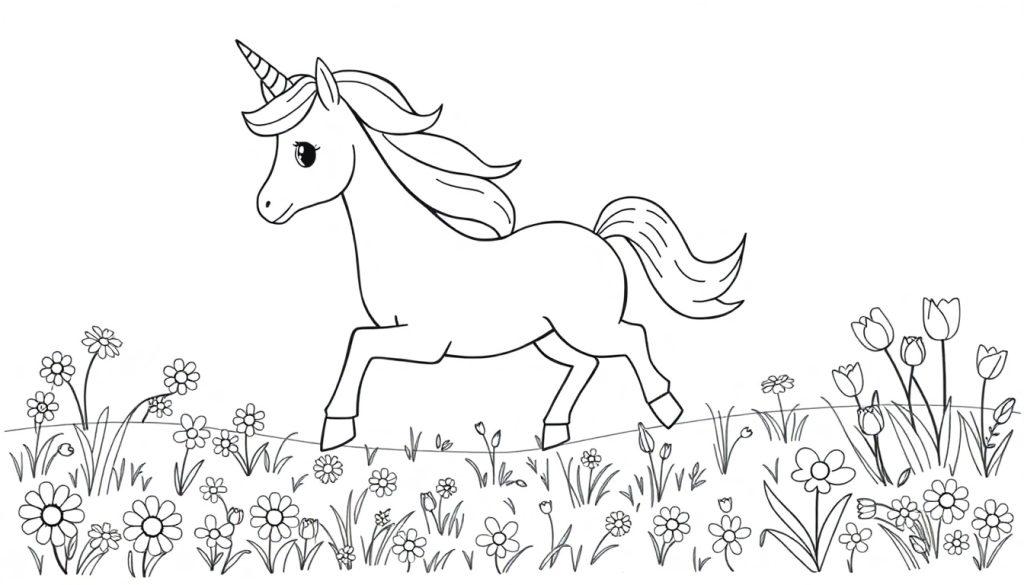 Eine Schwarz-Weiß-Farbtafel eines Einhorns, das mit wallender Mähne über eine Blumenwiese galoppiert.