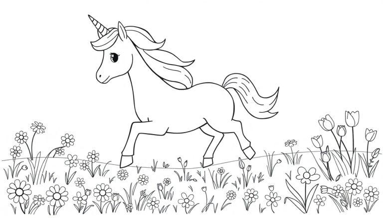 Eine Schwarz-Weiß-Farbtafel eines Einhorns, das mit wallender Mähne über eine Blumenwiese galoppiert.