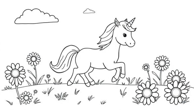 Eine Schwarz-Weiß-Farbtafel mit einem Einhorn in einer Blumenwiese.