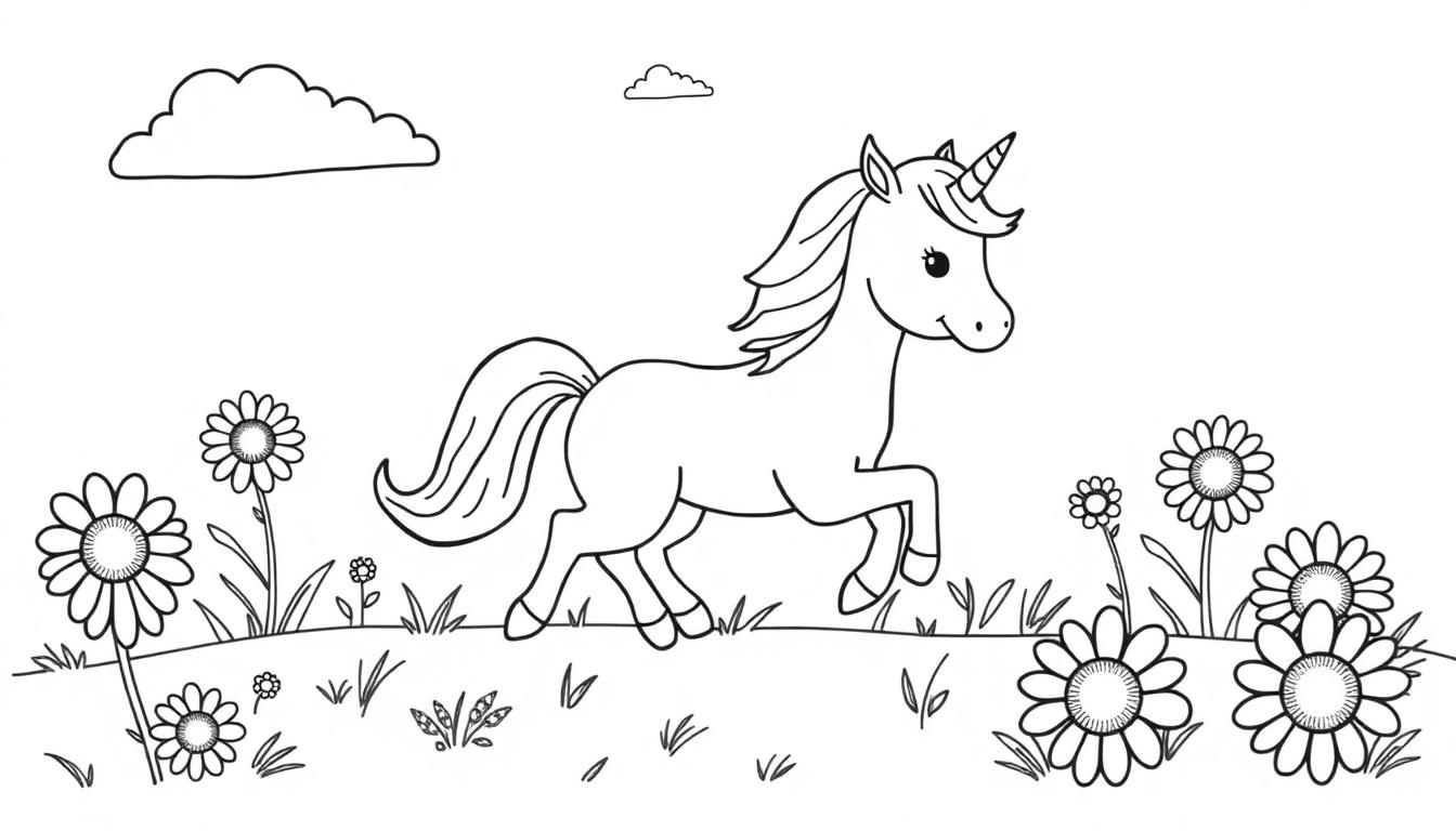 Eine Schwarz-Weiß-Farbtafel mit einem Einhorn in einer Blumenwiese.