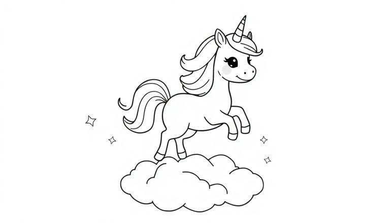 Eine niedliche Einhorn-Farbtafel steht auf einer Wolke mit Sternen.