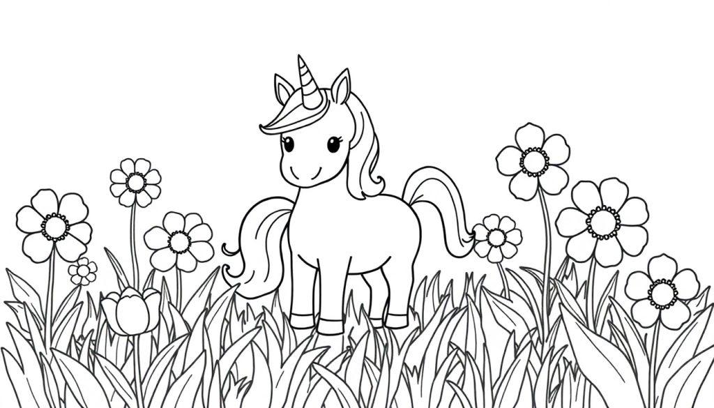 Schwarz-weiße Farbtafel-Zeichnung eines niedlichen Einhorns auf einer Blumenwiese.