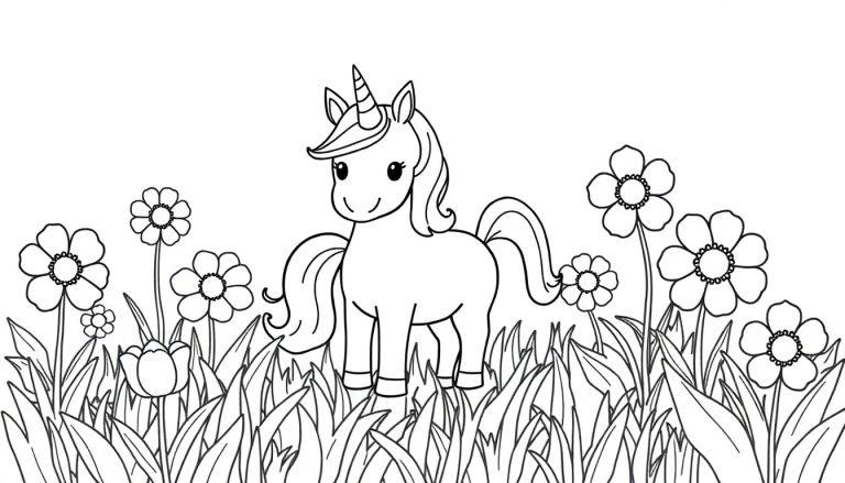 Schwarz-weiße Farbtafel-Zeichnung eines niedlichen Einhorns auf einer Blumenwiese.