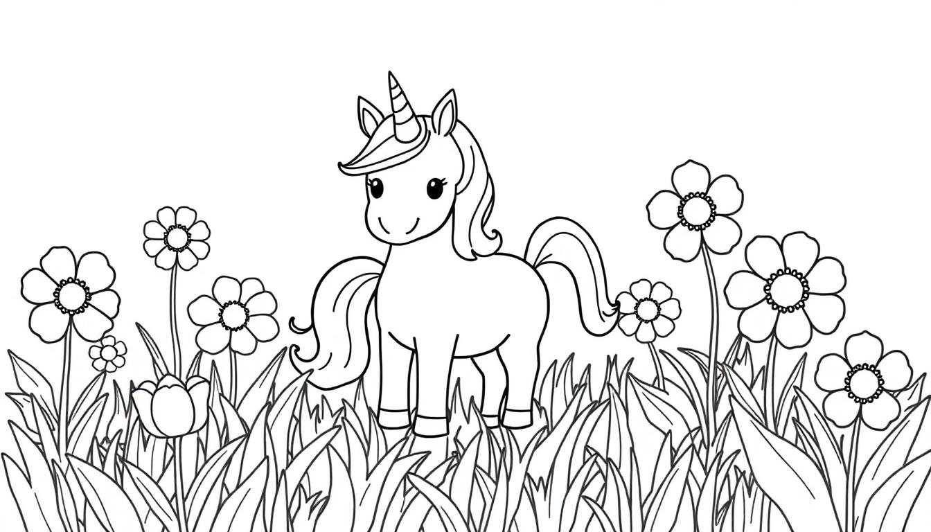 Schwarz-weiße Farbtafel-Zeichnung eines niedlichen Einhorns auf einer Blumenwiese.
