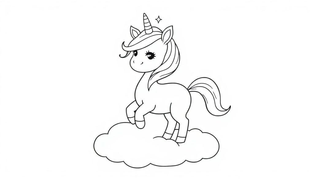 Schwarz-weiße Farbtafel eines cartoonartigen Einhorns auf einer Wolke.