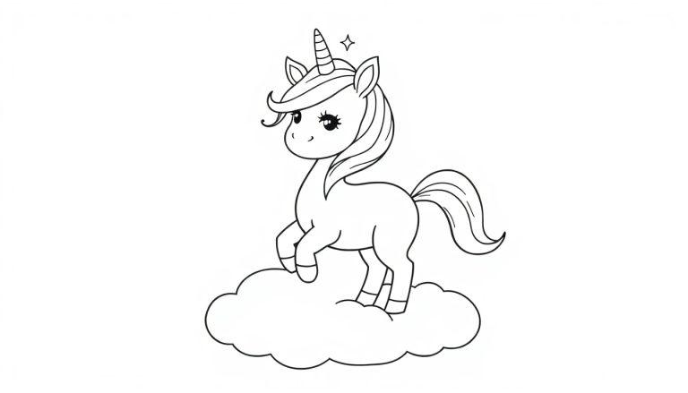 Schwarz-weiße Farbtafel eines cartoonartigen Einhorns auf einer Wolke.