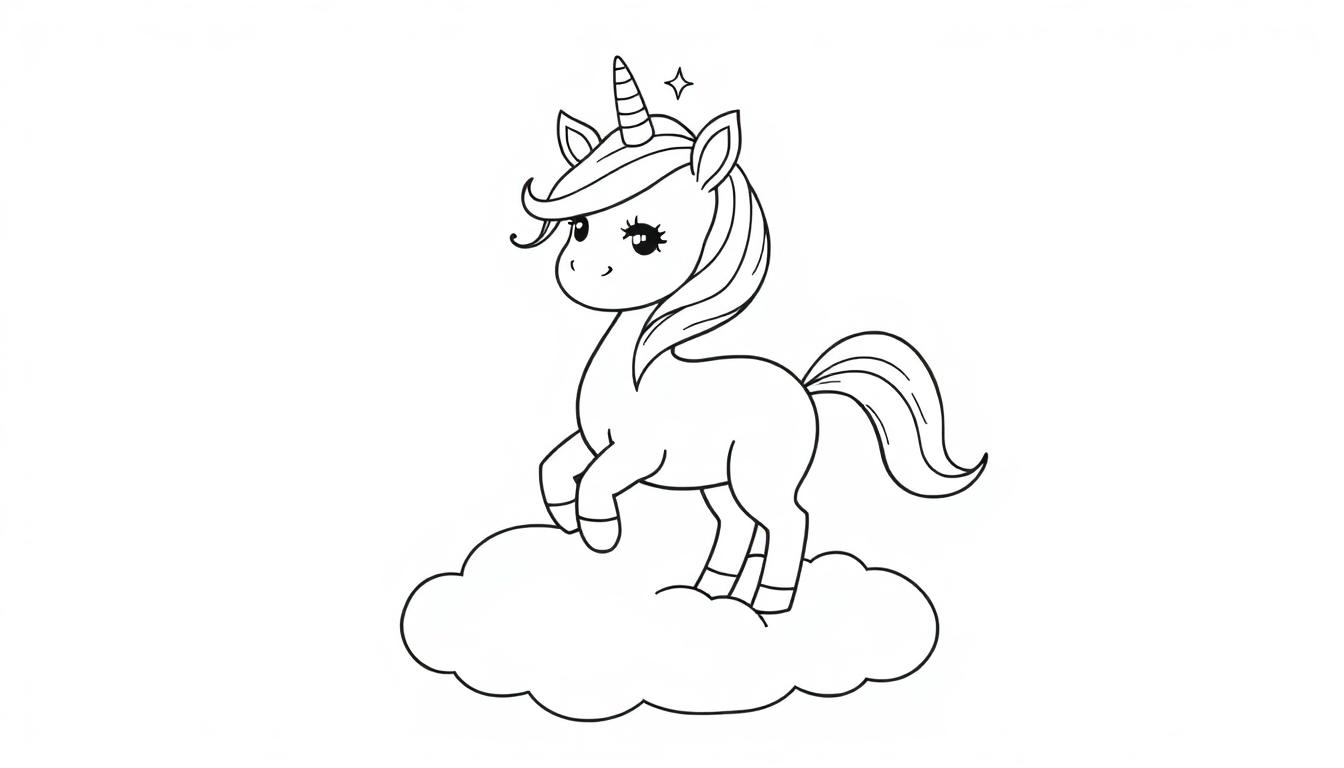 Schwarz-weiße Farbtafel eines cartoonartigen Einhorns auf einer Wolke.