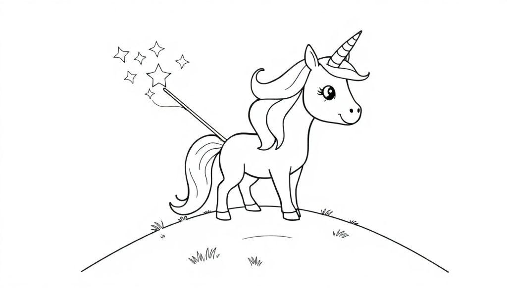 Eine Schwarz-Weiß-Farbtafel eines niedlichen Cartoon-Einhorns mit einem Zauberstab und Sternen.