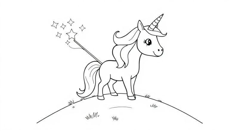 Eine Schwarz-Weiß-Farbtafel eines niedlichen Cartoon-Einhorns mit einem Zauberstab und Sternen.