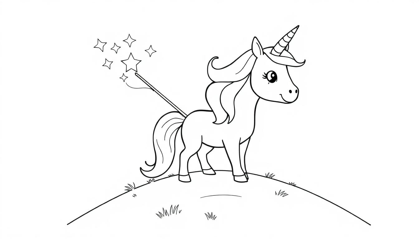 Eine Schwarz-Weiß-Farbtafel eines niedlichen Cartoon-Einhorns mit einem Zauberstab und Sternen.