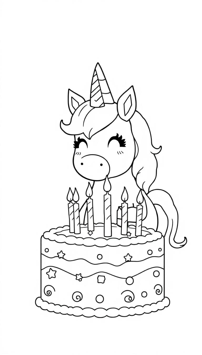 Einhorn mit Regenbogenmähne und Horn steht hinter einem verzierten Geburtstagskuchen mit Kerzen und Sternen.