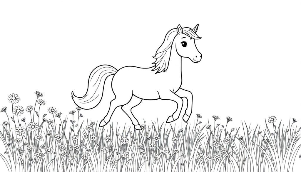 Schwarz-weißes Ausmalbild eines Einhorns auf einer Blumenwiese.