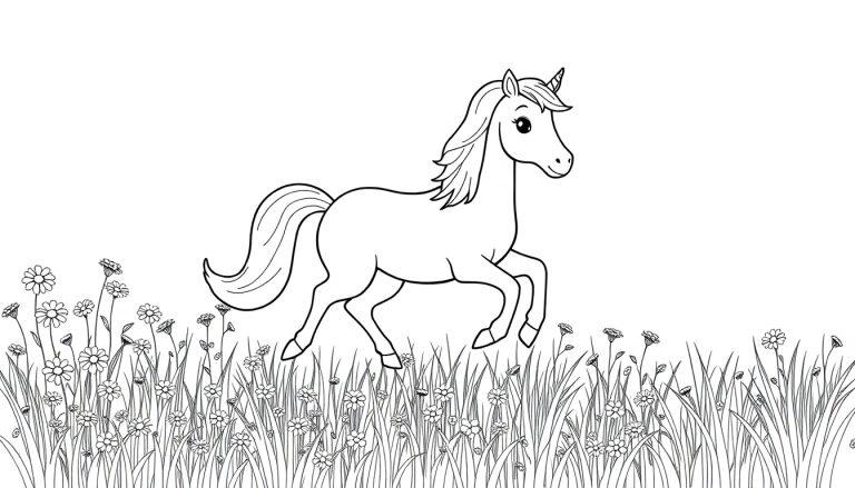 Schwarz-weißes Ausmalbild eines Einhorns auf einer Blumenwiese.