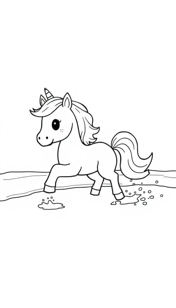 Ein fröhliches Cartoon-Einhorn stapft durch eine glitzernde Pfütze, wobei Wasserspritzer aufsteigen.