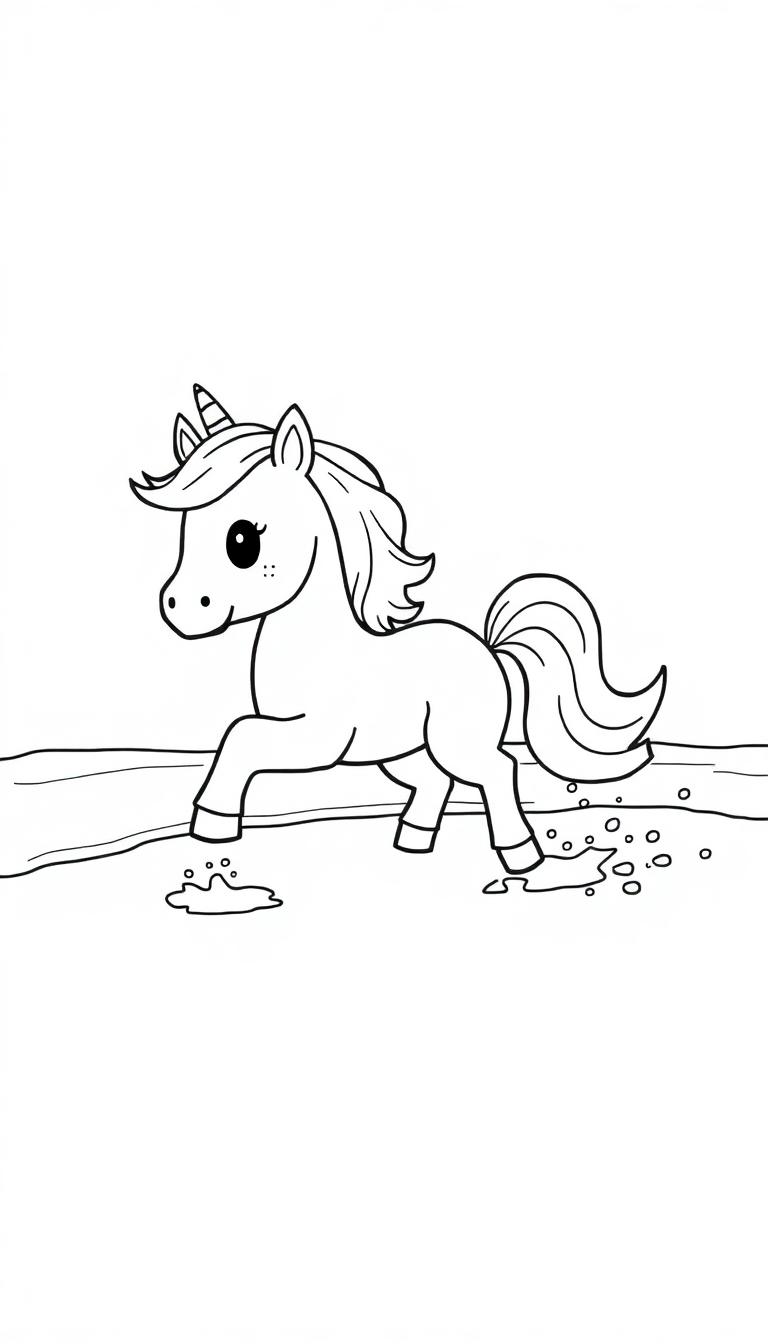 Ein fröhliches Cartoon-Einhorn stapft durch eine glitzernde Pfütze, wobei Wasserspritzer aufsteigen.