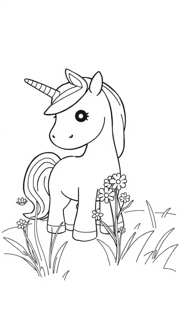 Ein süßes, schwarz-weiß gezeichnetes Einhorn steht zwischen Blumen.