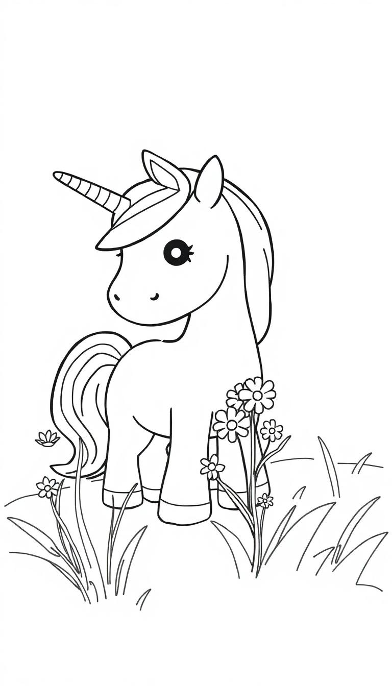 Ein süßes, schwarz-weiß gezeichnetes Einhorn steht zwischen Blumen.