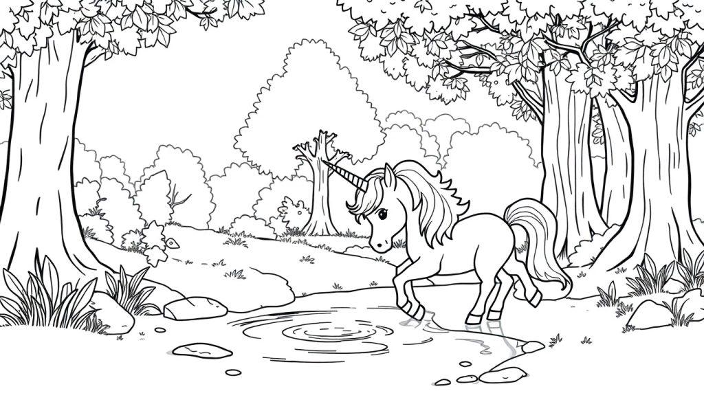 Ein Einhorn trinkt aus einem Teich in einem Wald, eine Schwarz-Weiß-Farbtafel.